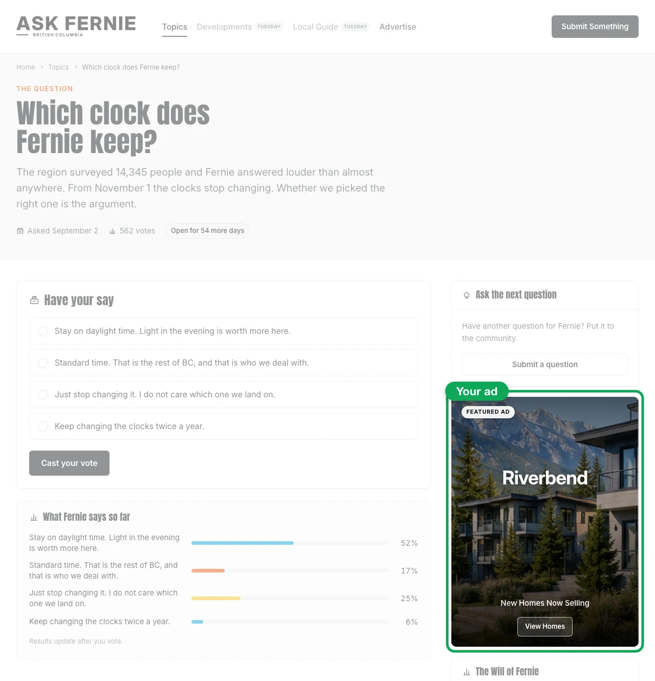 An AskFernie.com question page, with the photo ad in the right-hand column ringed and marked "Your ad"