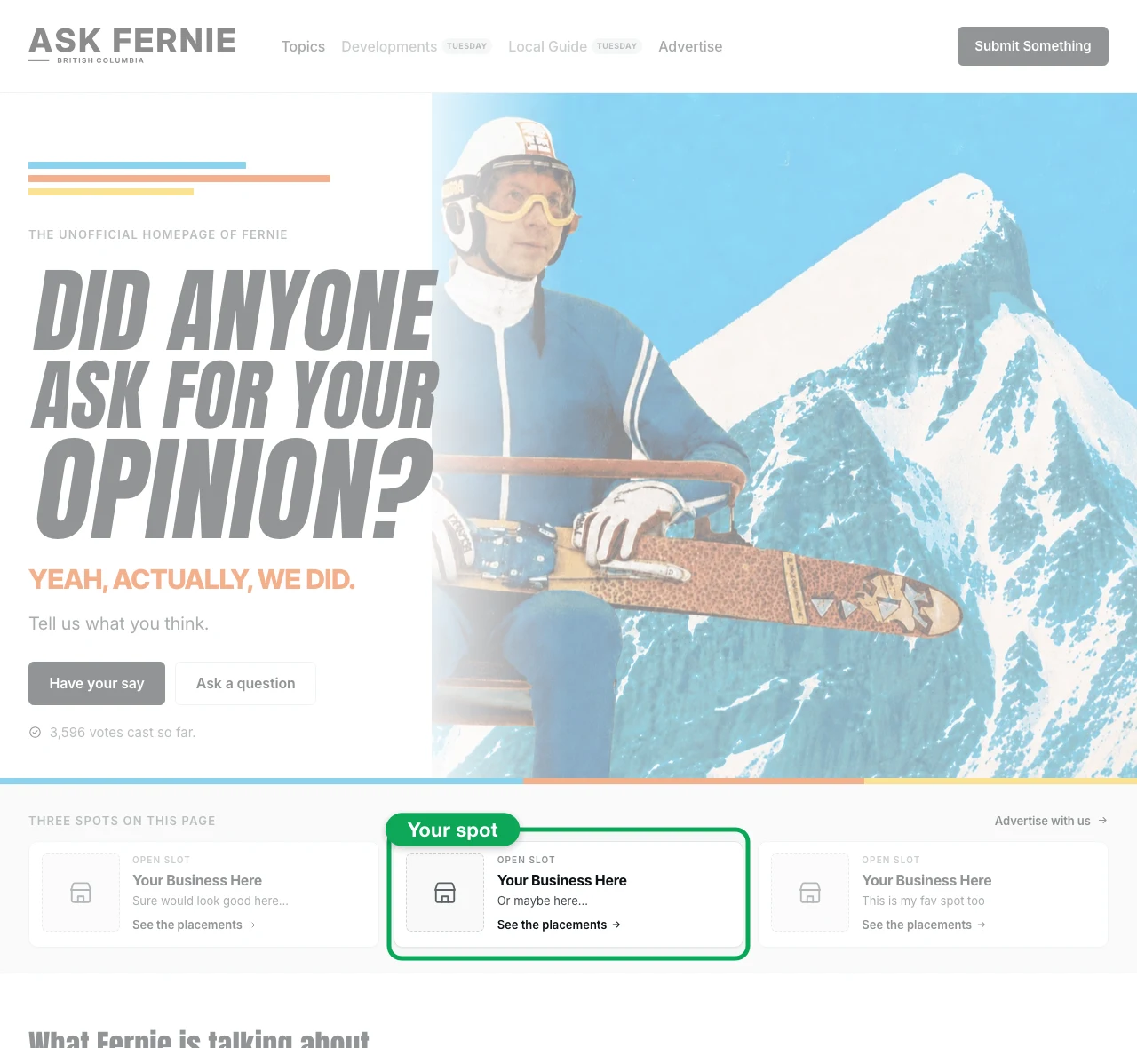 The AskFernie.com homepage, with the middle of the three spots under the hero ringed and marked "Your spot"