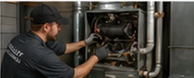A technician working inside an open furnace cabinet