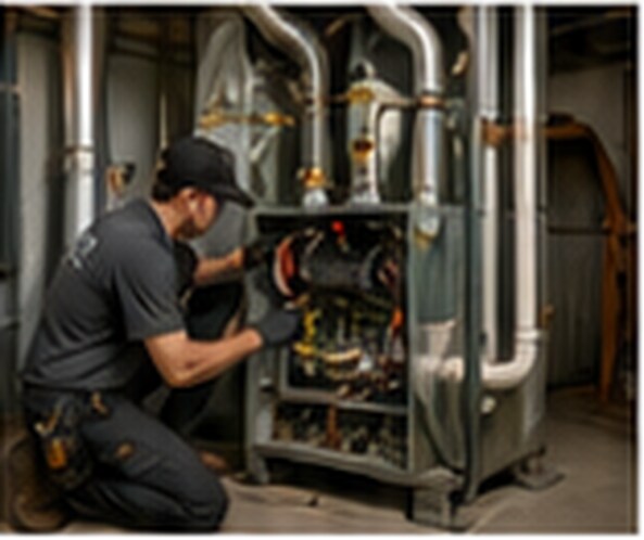 A technician installing a high-efficiency furnace in a mechanical room