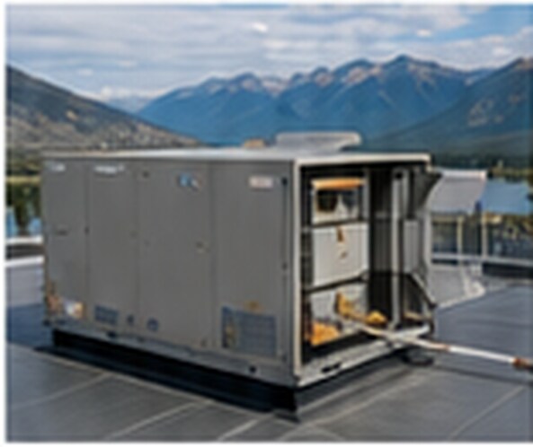 A commercial rooftop HVAC unit above the valley