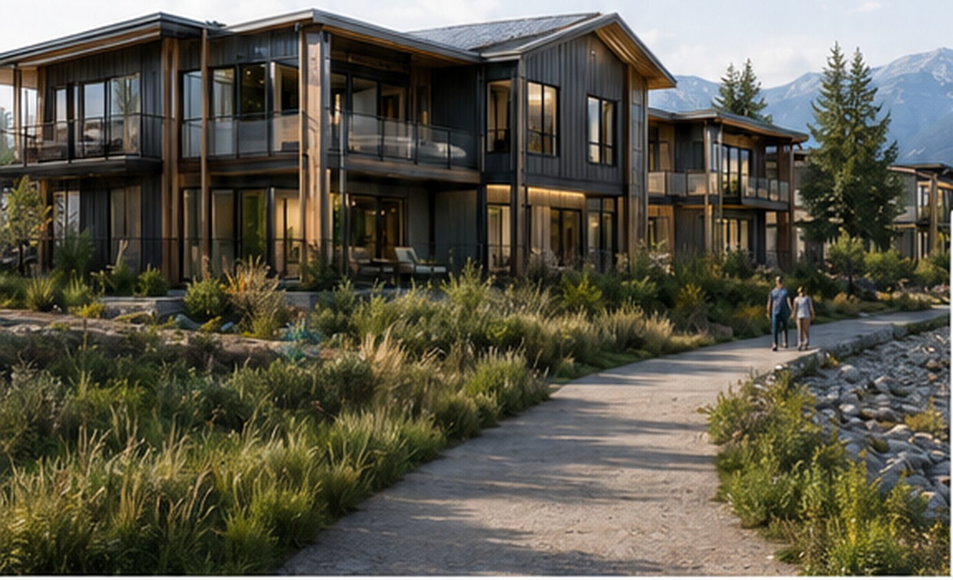 Timber-and-glass homes stepping down a landscaped path toward the Elk River