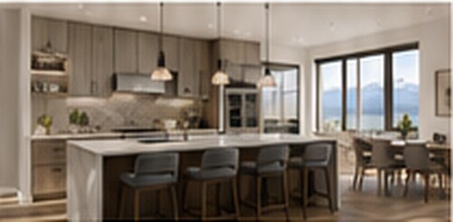 An open kitchen with an island and mountain views