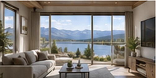 A living room with floor-to-ceiling glass facing the river