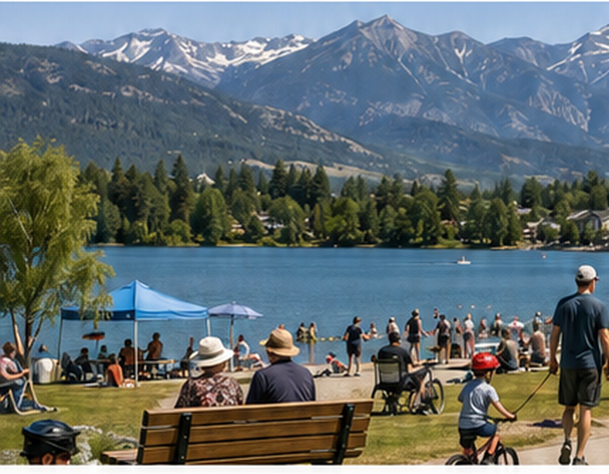 A summer afternoon in the park, with people on the path and the mountains behind