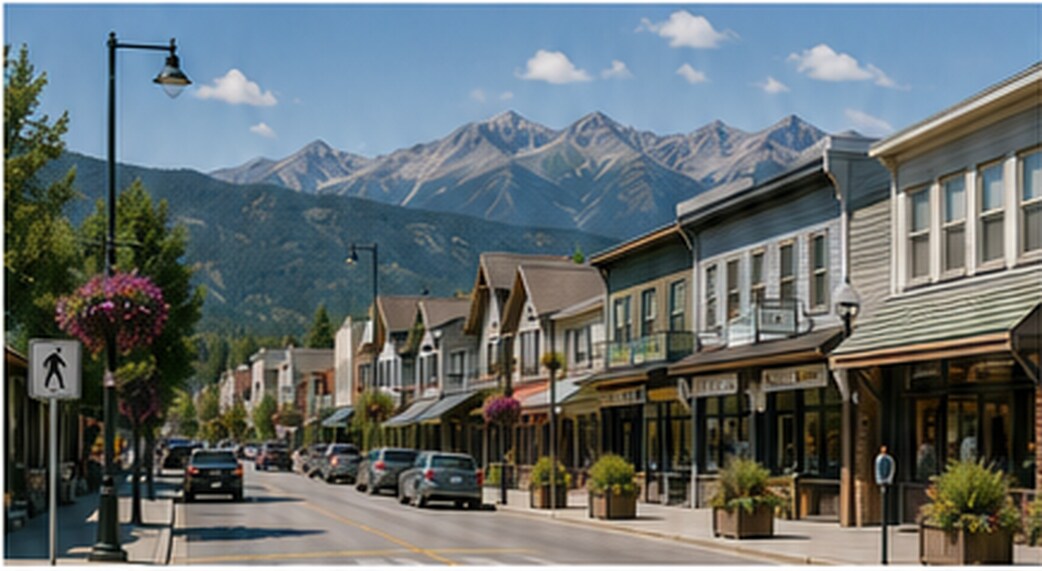 A downtown street sloping toward the mountains